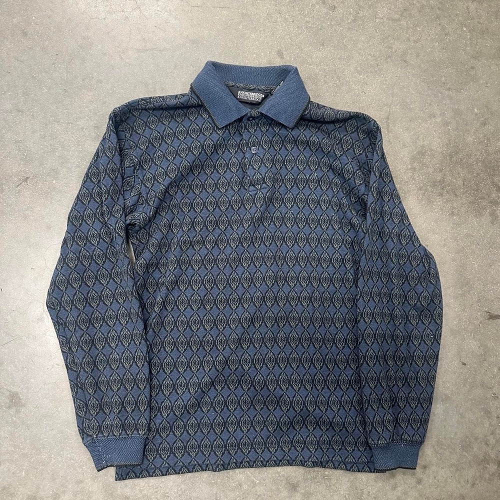 Knightsbridge 90s Long Sleeve Geometric Dark Blue Polo Shirt Size Sm
